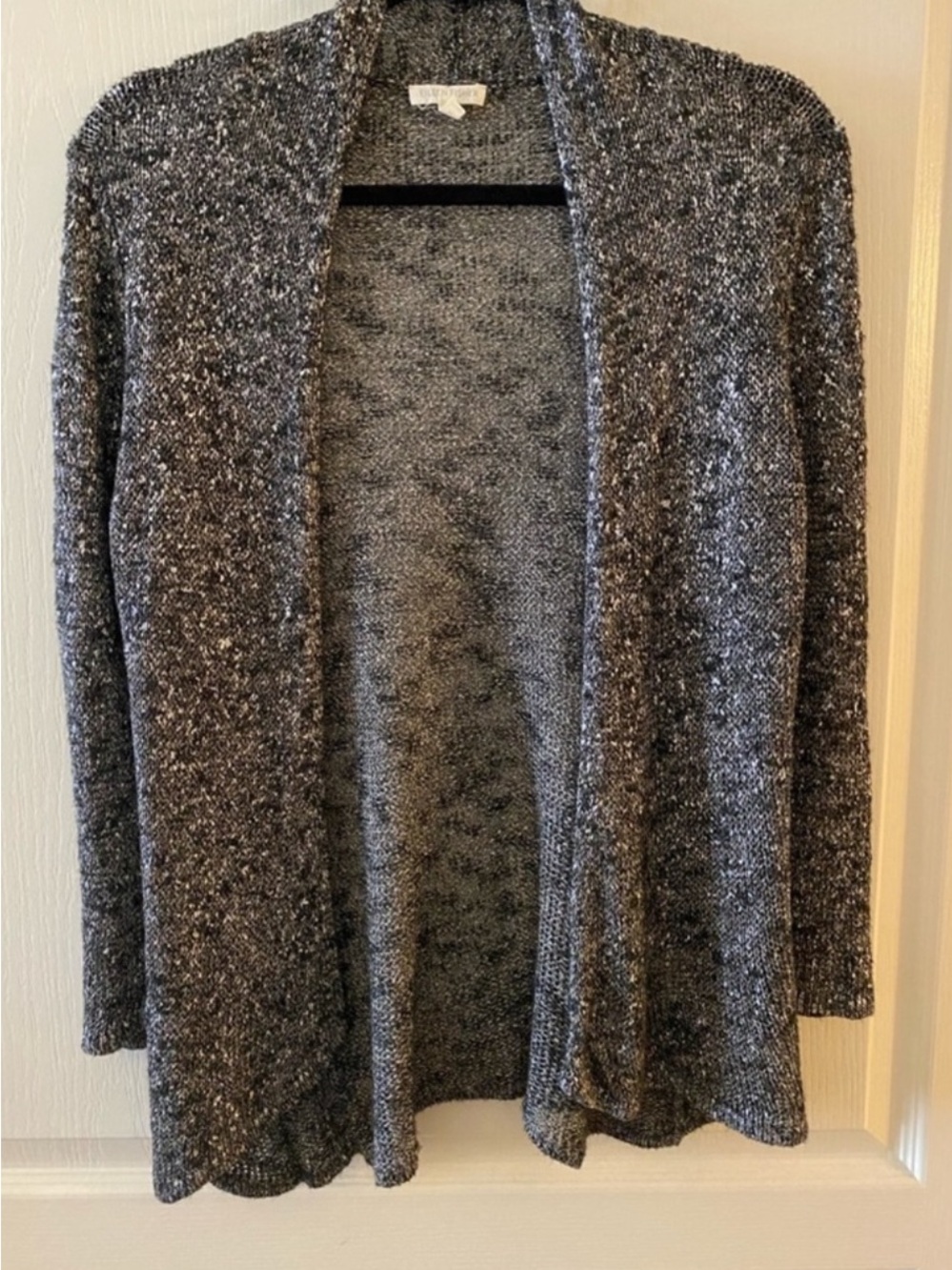 EILEEN FISHER Black & Metallic Italian Yarn Linen-Blend Open Cardigan - S